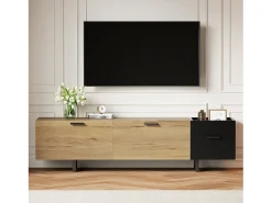Móvel de TV moderno para sala de estar - 180 x 38 x 49 cm - com gavetas + portas + espaço de armazenamento fechado + LEDs - madeira - preto + natural
