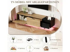 Móvel de TV moderno para sala de estar - 180 x 38 x 49 cm - com gavetas + portas + espaço de armazenamento fechado + LEDs - madeira - preto + natural
