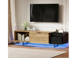Móvel de TV moderno para sala de estar - 180 x 38 x 49 cm - com gavetas + portas + espaço de armazenamento fechado + LEDs - madeira - preto + natural
