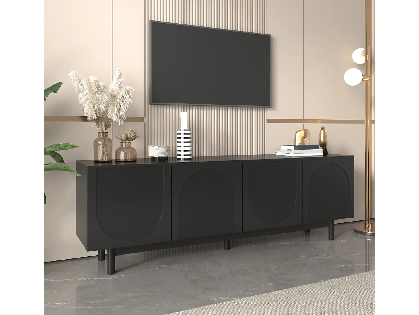 Móvel de TV moderno preto com 4 portas - prateleira ajustável - Preto 175 x 38 x 56 cm