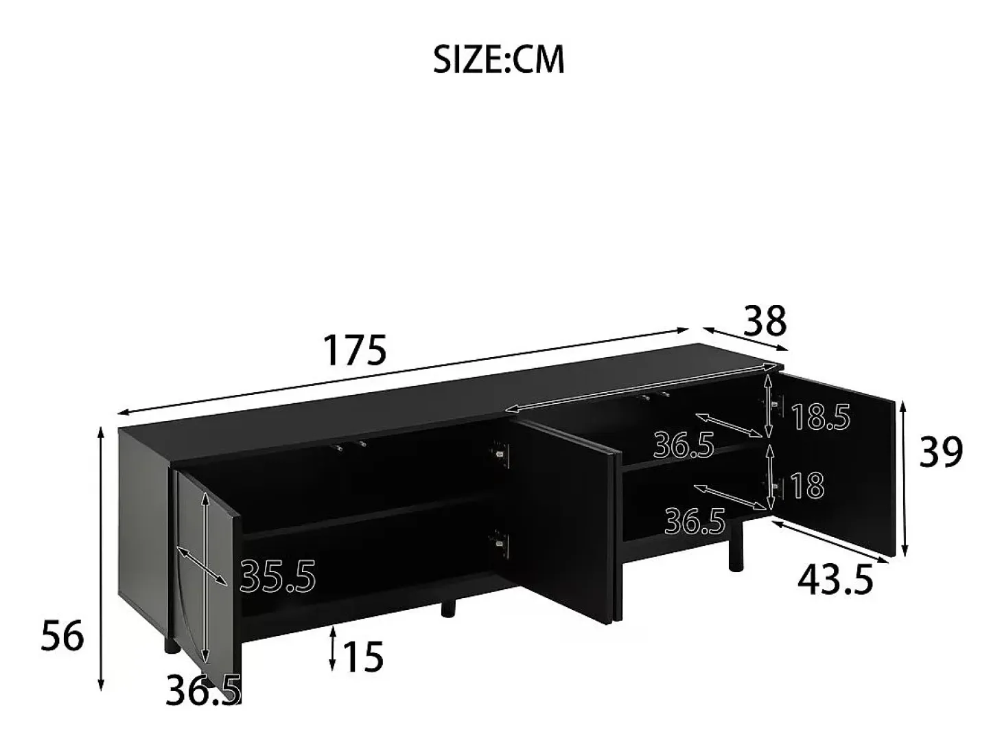 Móvel de TV moderno preto com 4 portas - prateleira ajustável - Preto 175 x 38 x 56 cm