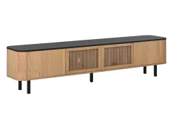 Móvel de TV moderno 190x35x45 cm - 4 portas de persiana - cantos arredondados - pés de ferro - MDF - natural