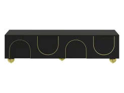 Móvel de TV moderno 170x38x44 cm - com 4 portas texturizadas - borda dourada - pés redondos dourados - preto