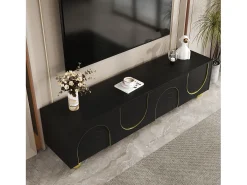 Móvel de TV moderno 170x38x44 cm - com 4 portas texturizadas - borda dourada - pés redondos dourados - preto