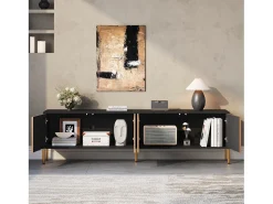 Móvel de TV moderno 179x35x53,5 cm - 4 portas - Pés de metal - Design sem puxadores - Painéis de partículas - Natural e preto