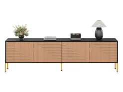 Móvel de TV moderno 179x35x53,5 cm - 4 portas - Pés de metal - Design sem puxadores - Painéis de partículas - Natural e preto