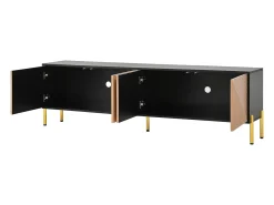 Móvel de TV moderno 179x35x53,5 cm - 4 portas - Pés de metal - Design sem puxadores - Painéis de partículas - Natural e preto