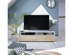 Móvel de TV multimídia com 2 portas sanfonadas, branco artik e carvalho canadense, 130 cm