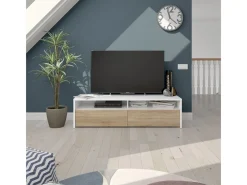 Móvel de TV multimídia com 2 portas sanfonadas, branco artik e carvalho canadense, 130 cm