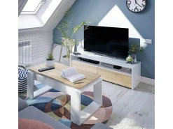 Móvel de TV multimídia com 2 portas sanfonadas, branco artik e carvalho canadense, 130 cm