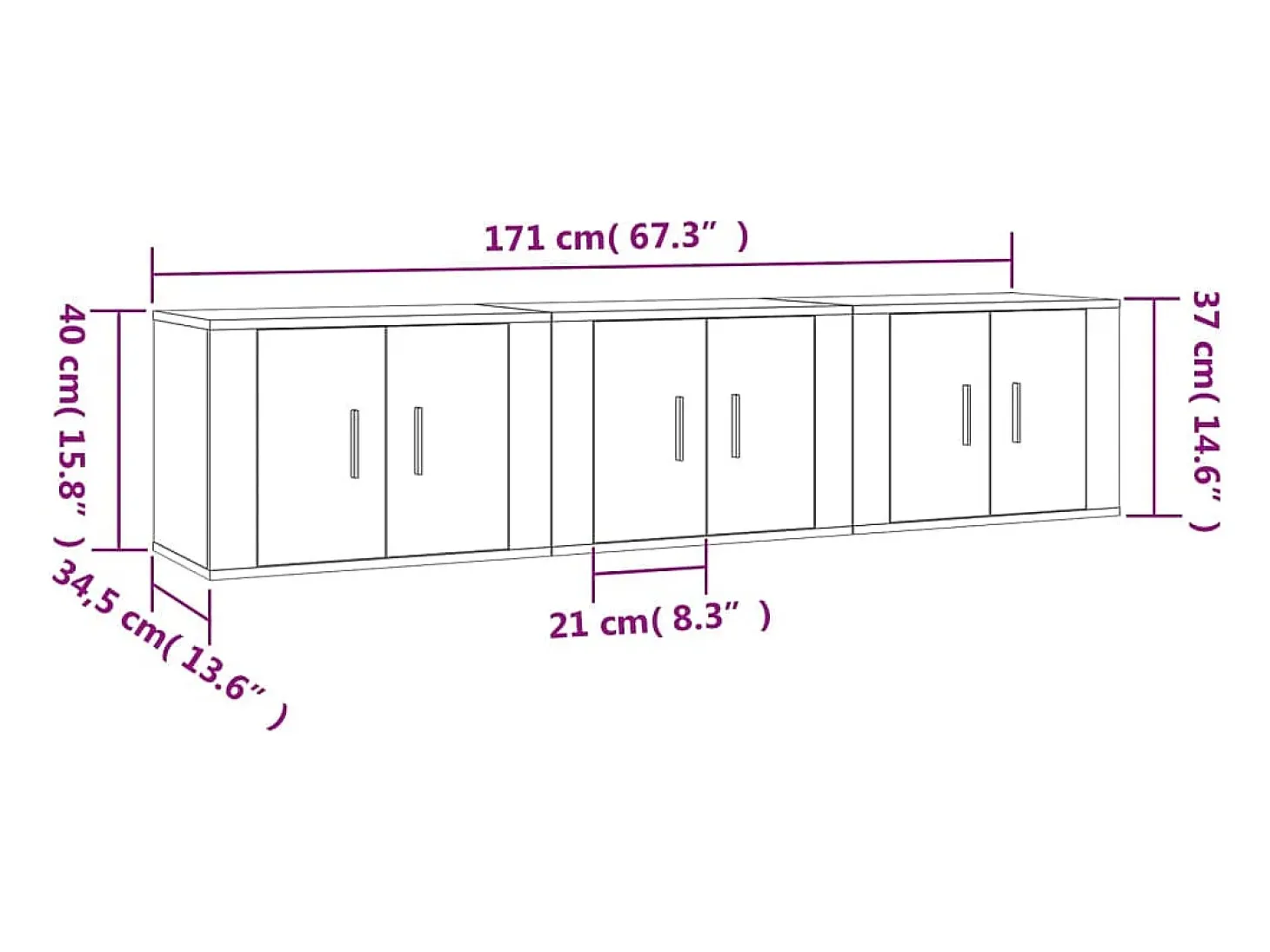 Móvel de TV multimídia para parede prateleira para TV aparador para TV para sala de jantar sala de estar quarto 3 peças Sonoma 57 x 34,5 x 40 cm cinza 02_0029050