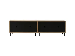 Móvel de TV natural e preto com 4 portas, tampo em madeira 180x40x50cm