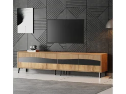 Móvel de TV natural e preto com 4 portas, tampo em madeira 180x40x50cm