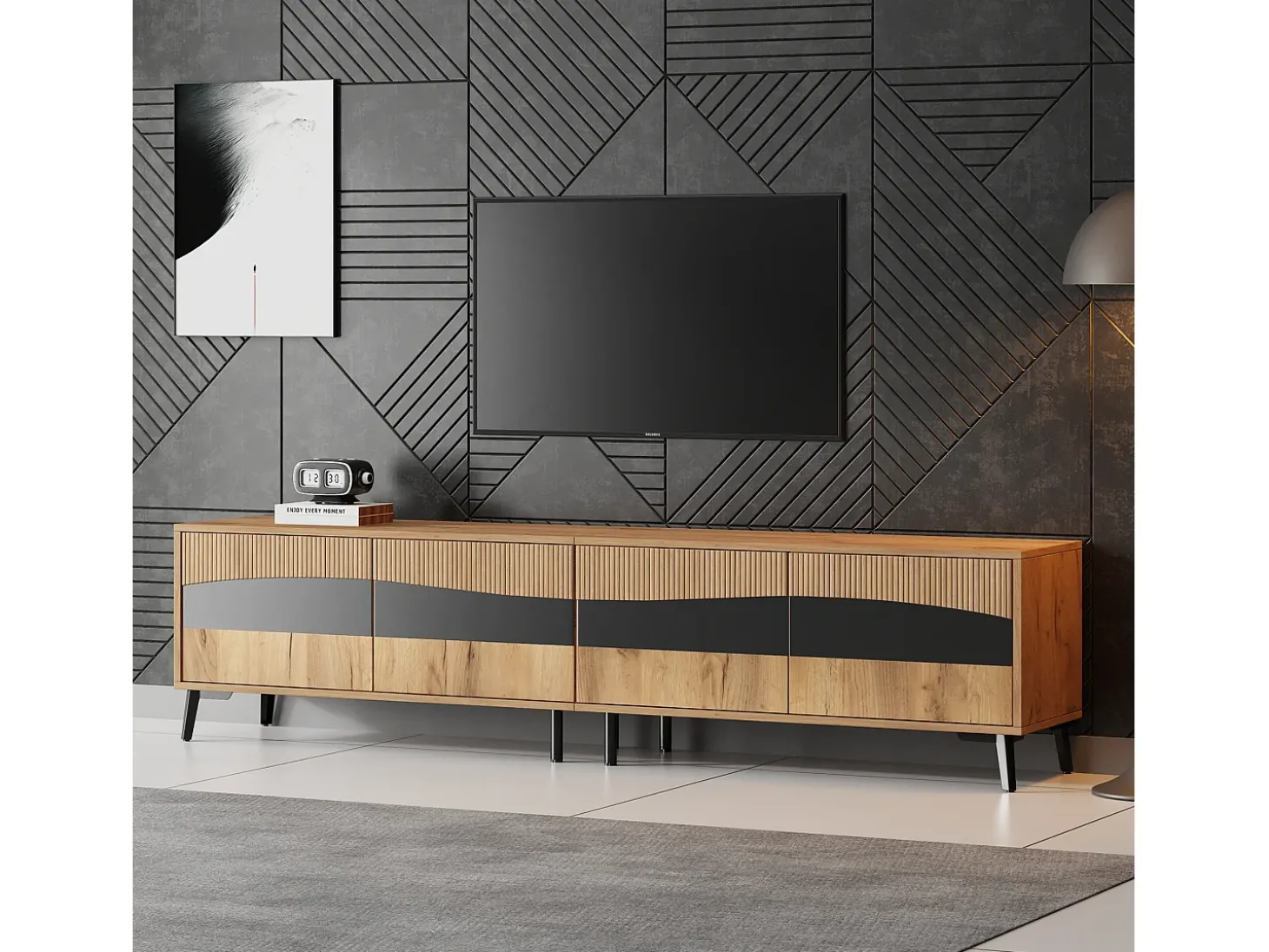 Móvel de TV natural e preto com 4 portas, tampo em madeira 180x40x50cm