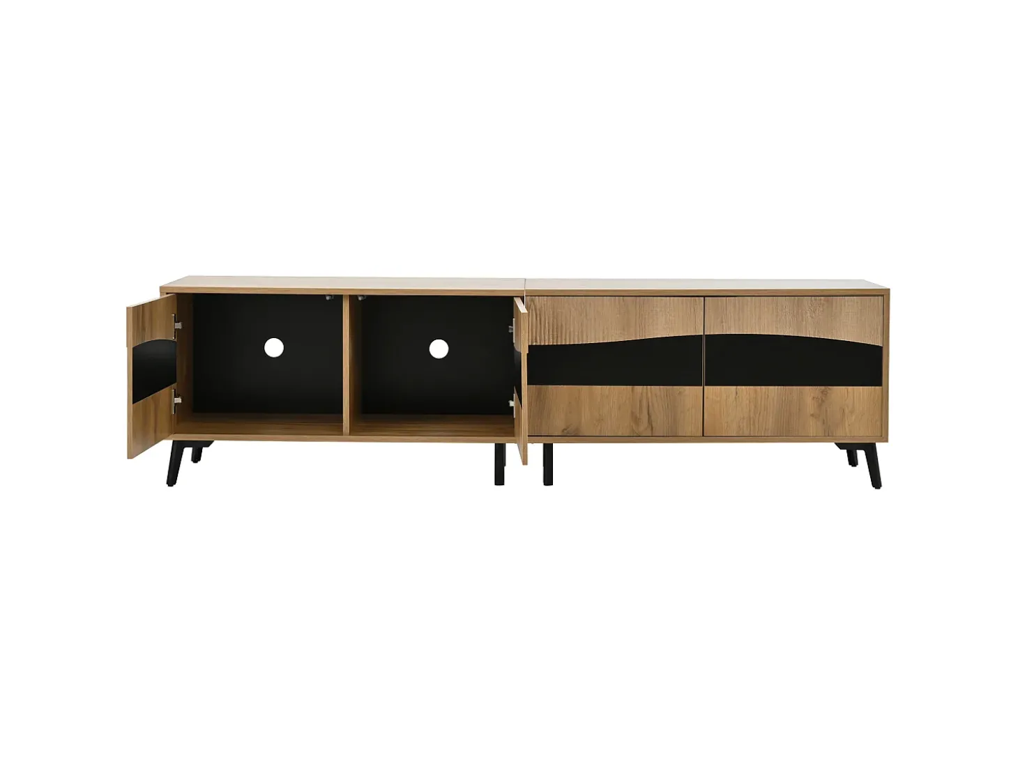 Móvel de TV natural e preto com 4 portas, tampo em madeira 180x40x50cm