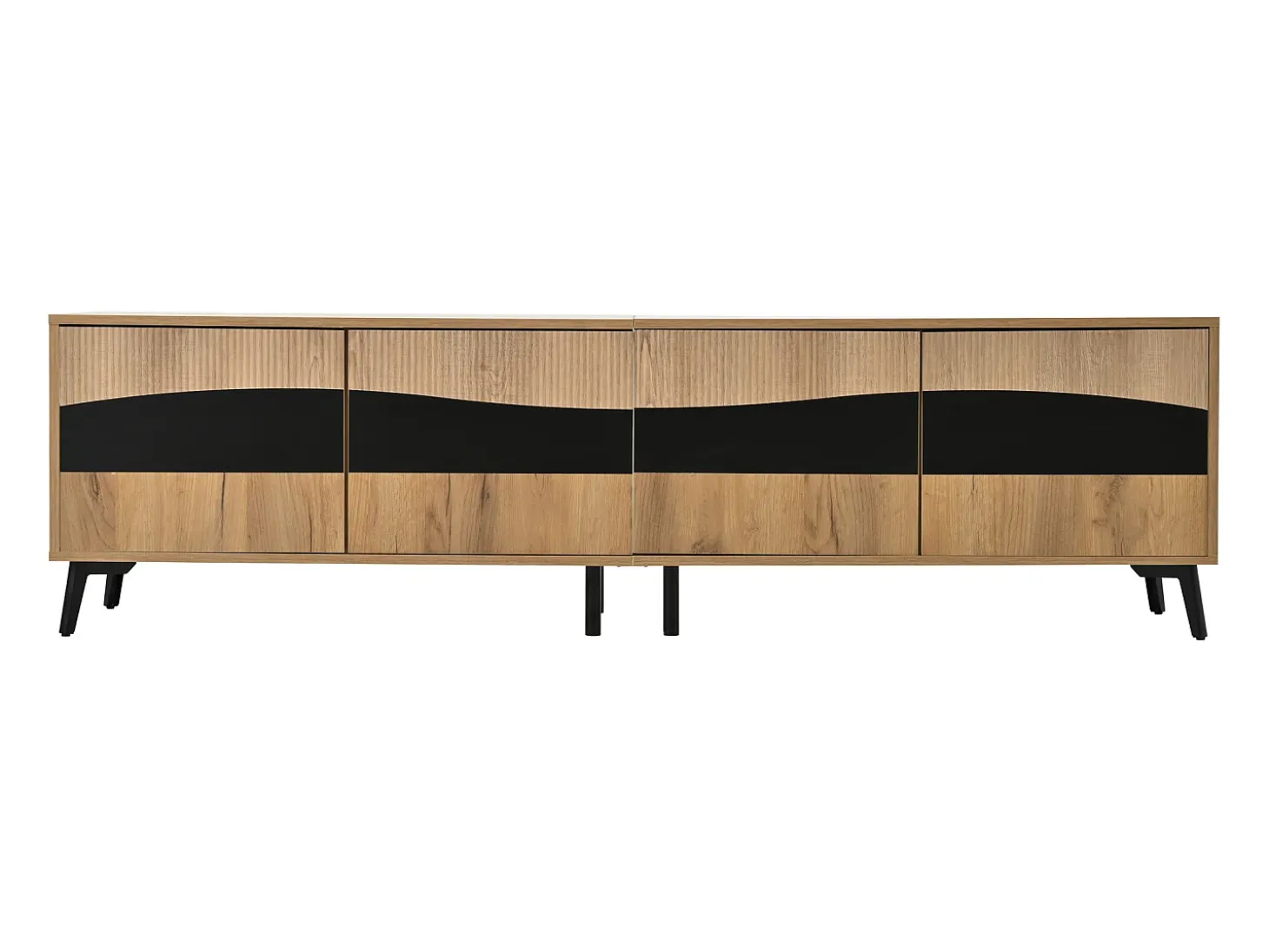 Móvel de TV natural e preto com 4 portas, tampo em madeira 180x40x50cm