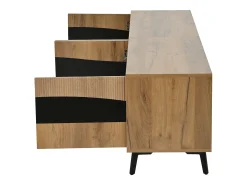 Móvel de TV natural e preto com 4 portas, tampo em madeira 180x40x50cm