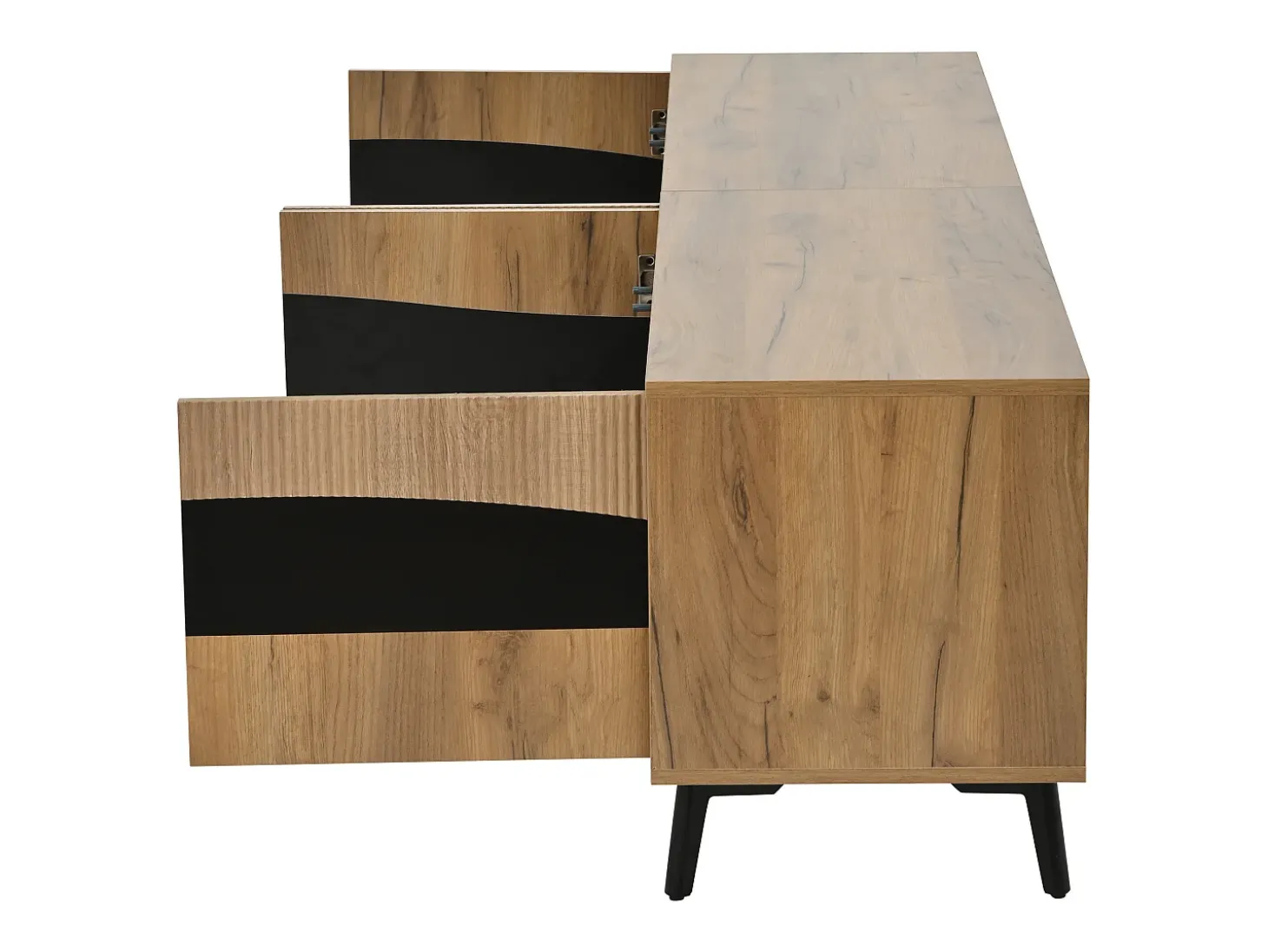 Móvel de TV natural e preto com 4 portas, tampo em madeira 180x40x50cm