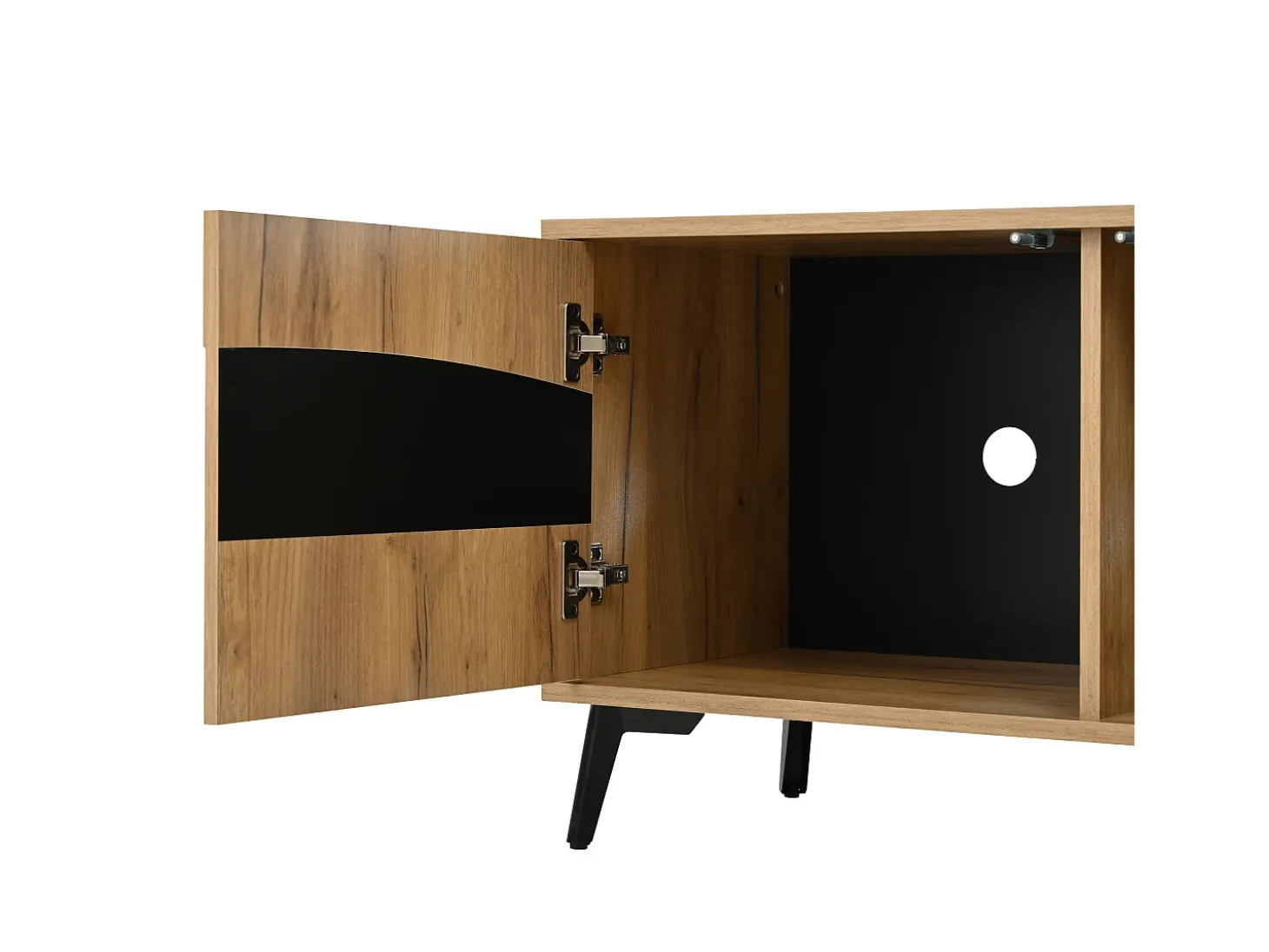 Móvel de TV natural e preto com 4 portas, tampo em madeira 180x40x50cm