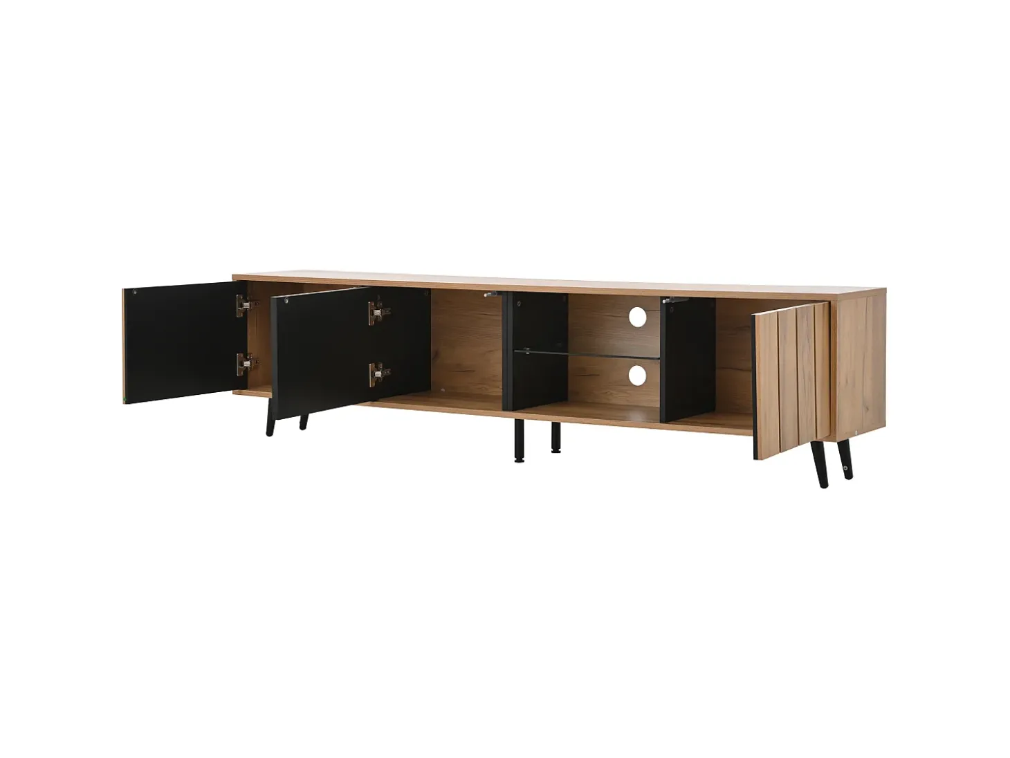 Móvel de TV natural e preto com 3 portas e 1 divisória em vidro, design com textura de madeira 175x31,5x45cm