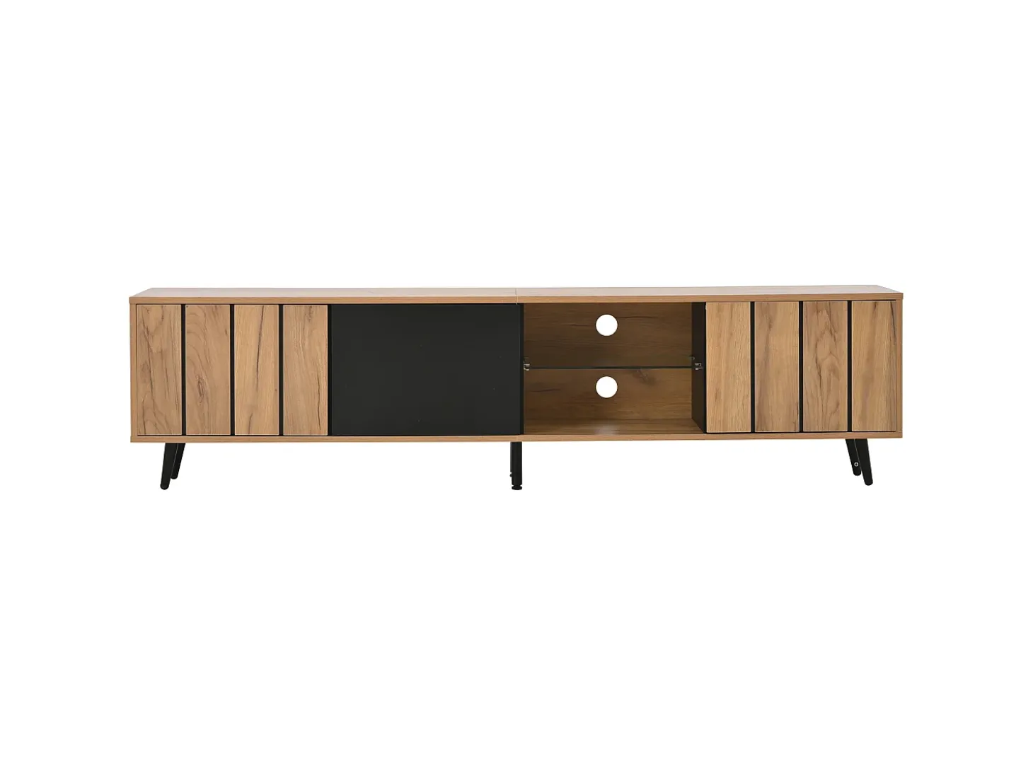 Móvel de TV natural e preto com 3 portas e 1 divisória em vidro, design com textura de madeira 175x31,5x45cm