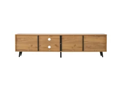 Móvel de TV natural e preto com 3 portas e 1 divisória em vidro, design com textura de madeira 175x31,5x45cm