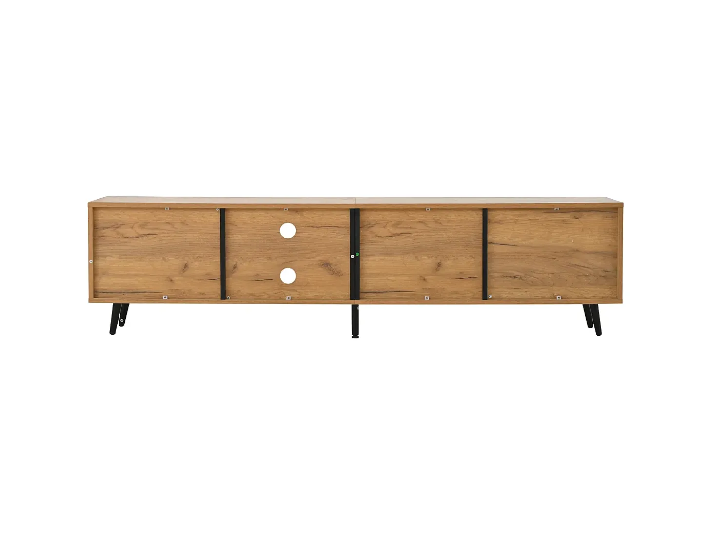 Móvel de TV natural e preto com 3 portas e 1 divisória em vidro, design com textura de madeira 175x31,5x45cm