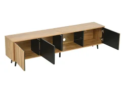Móvel de TV natural e preto com 3 portas e 1 divisória em vidro, design com textura de madeira 175x31,5x45cm