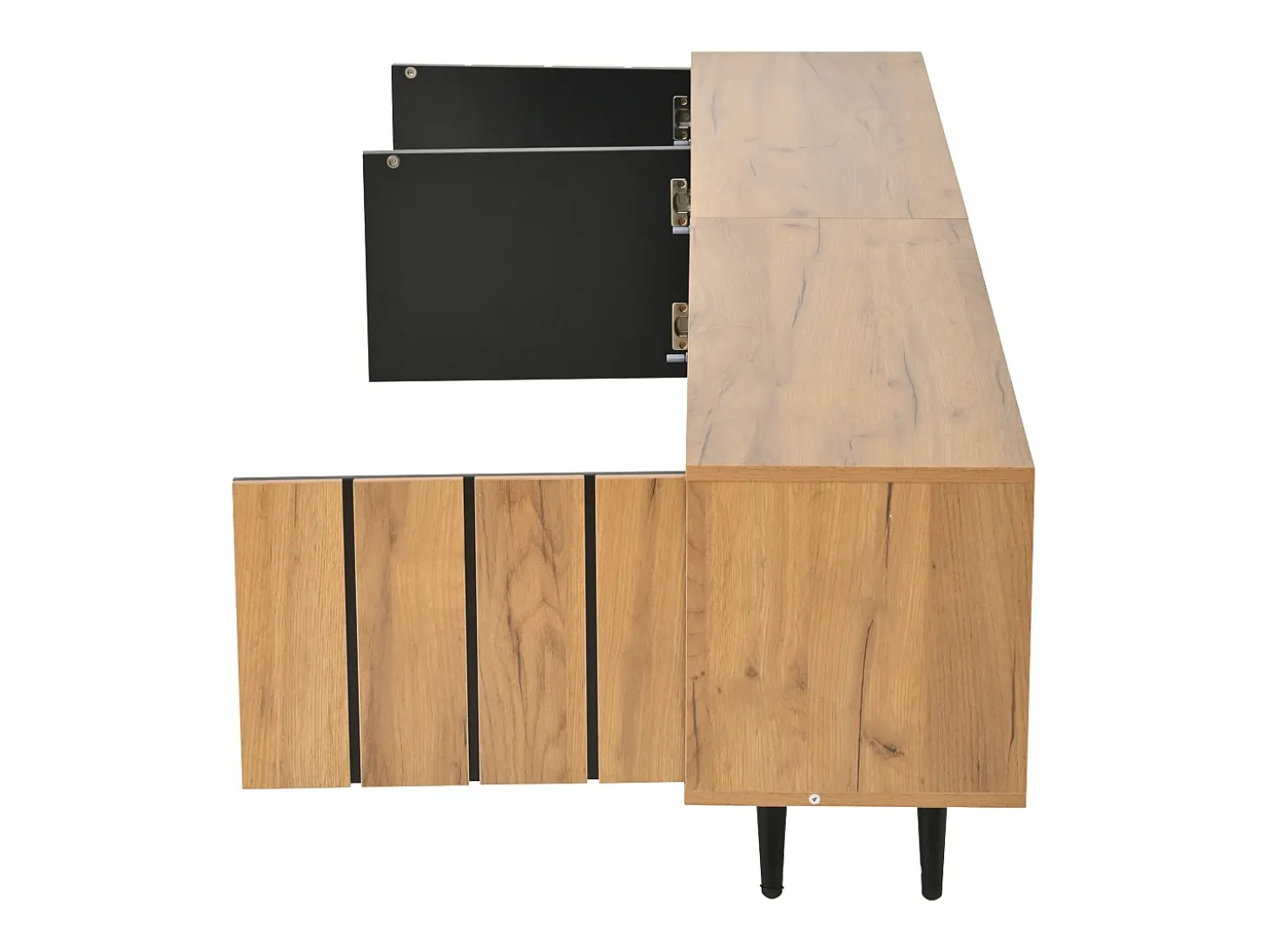 Móvel de TV natural e preto com 3 portas e 1 divisória em vidro, design com textura de madeira 175x31,5x45cm