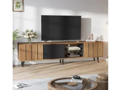 Móvel de TV natural e preto com 3 portas e 1 divisória em vidro, design com textura de madeira 175x31,5x45cm