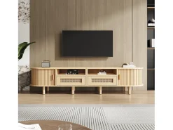 Móvel de TV oval com 2 gavetas de vime + 2 portas de correr - 170 x 40 x 40 cm - MDF + metal - natural