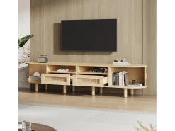 Móvel de TV oval com 2 gavetas de vime + 2 portas de correr - 170 x 40 x 40 cm - MDF + metal - natural