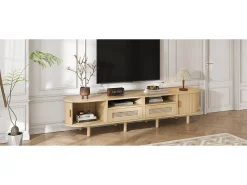 Móvel de TV oval com 2 gavetas de vime + 2 portas de correr - 170 x 40 x 40 cm - MDF + metal - natural