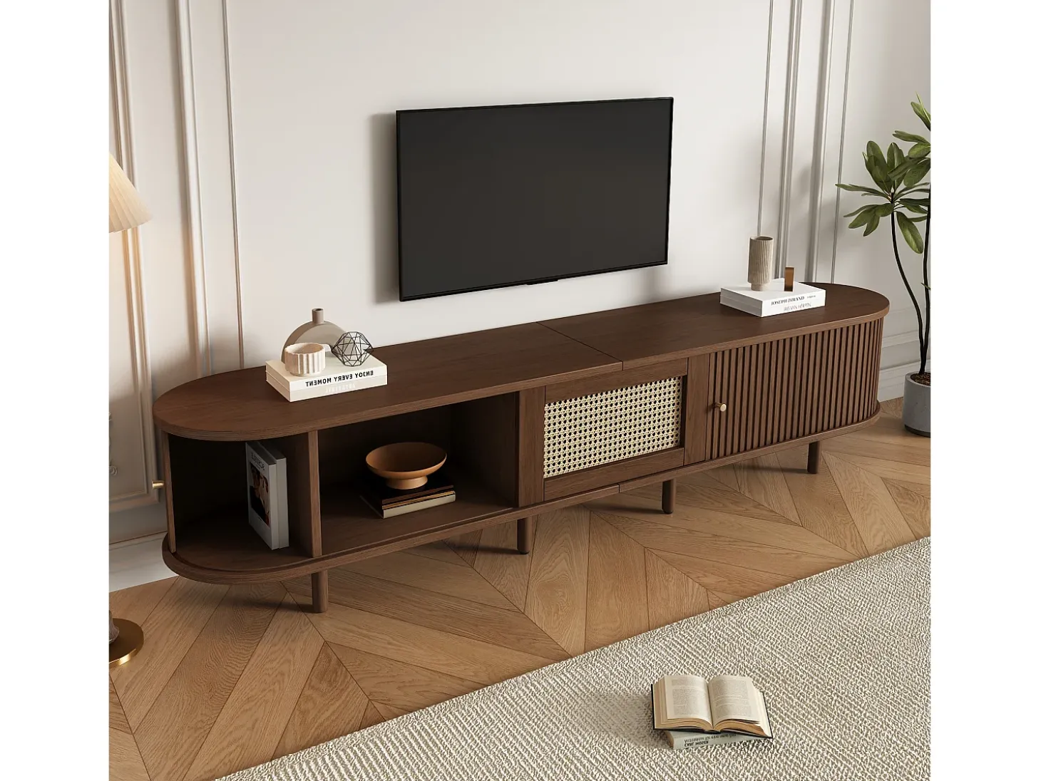 Móvel de TV oval com 2 portas de correr e 1 gaveta de vime - 180 x 40 x 40 cm - Madeira MDF - Nogueira escura