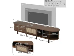 Móvel de TV oval com 2 portas de correr e 1 gaveta de vime - 180 x 40 x 40 cm - Madeira MDF - Nogueira escura