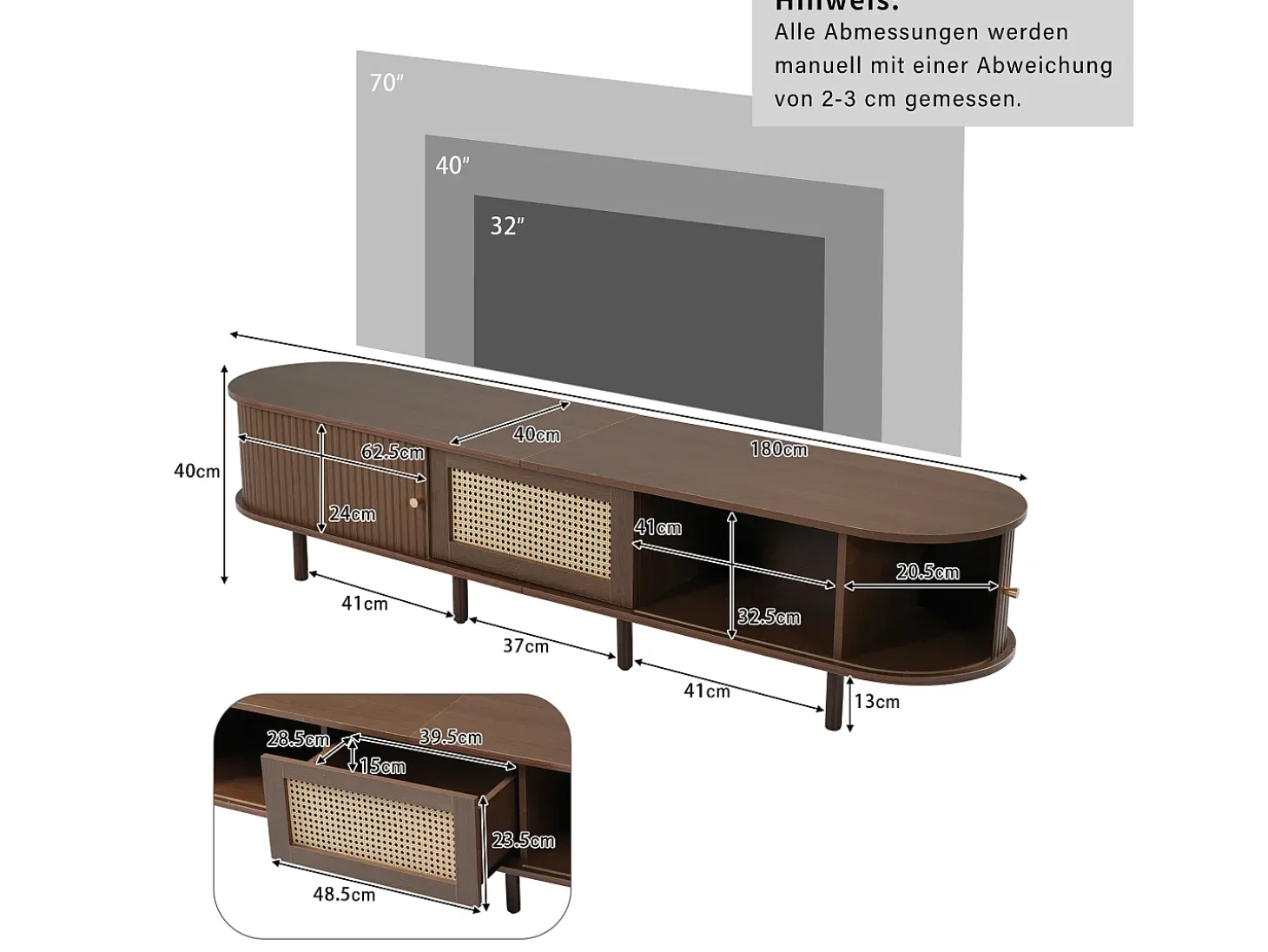 Móvel de TV oval com 2 portas de correr e 1 gaveta de vime - 180 x 40 x 40 cm - Madeira MDF - Nogueira escura