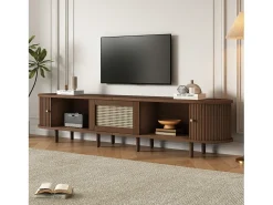 Móvel de TV oval com 2 portas de correr e 1 gaveta de vime - 180 x 40 x 40 cm - Madeira MDF - Nogueira escura