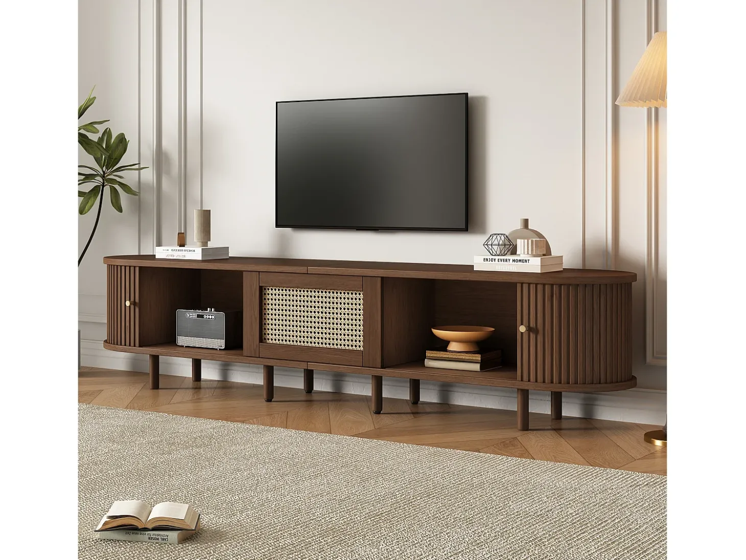 Móvel de TV oval com 2 portas de correr e 1 gaveta de vime - 180 x 40 x 40 cm - Madeira MDF - Nogueira escura
