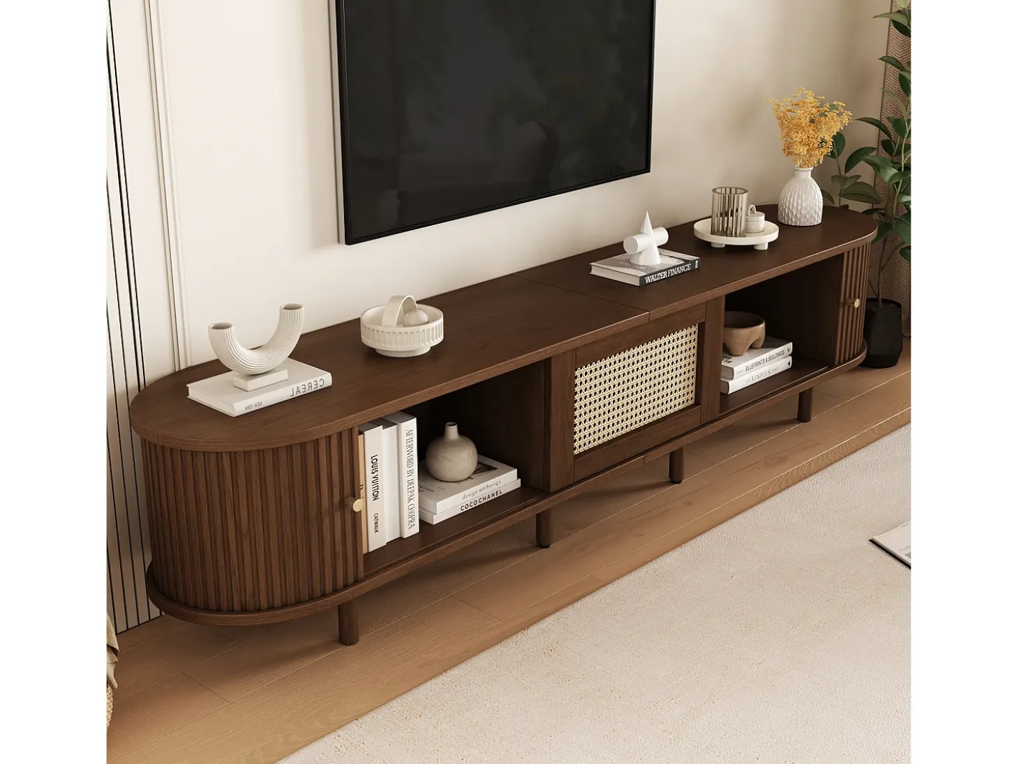 Móvel de TV oval com 2 portas de correr e 1 gaveta de vime - 180 x 40 x 40 cm - Madeira MDF - Nogueira escura