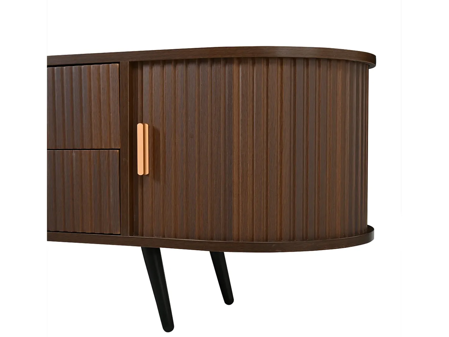 Móvel de TV oval com listras verticais - 180 x 40 x 45 cm - com 4 gavetas + 2 portas de correr - MDF - nogueira escura