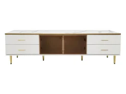 Móvel de TV para sala com 2 portas e 4 gavetas - LEDs - aspecto mármore - vidro marrom e metal dourado - branco