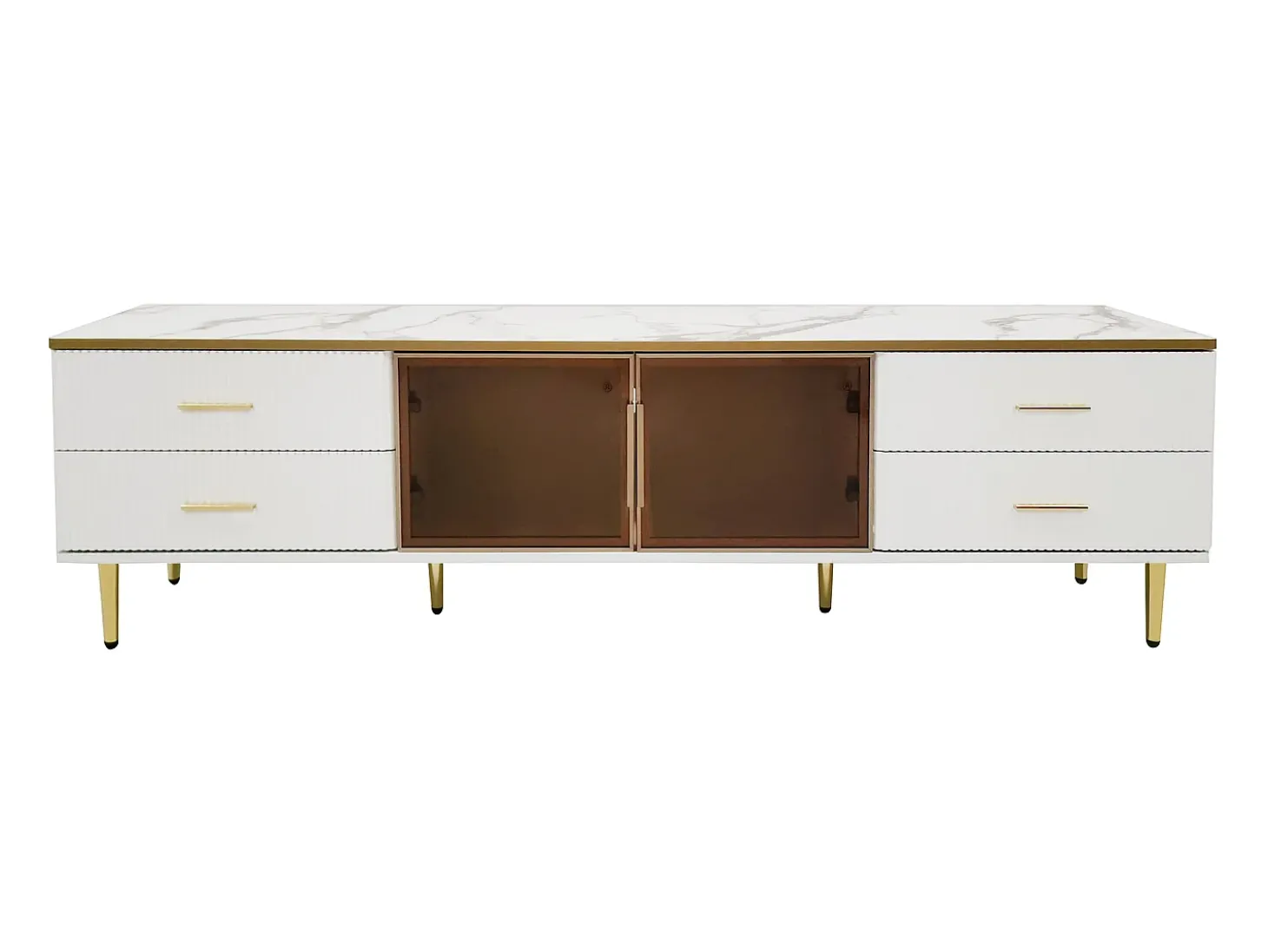 Móvel de TV para sala com 2 portas e 4 gavetas - LEDs - aspecto mármore - vidro marrom e metal dourado - branco