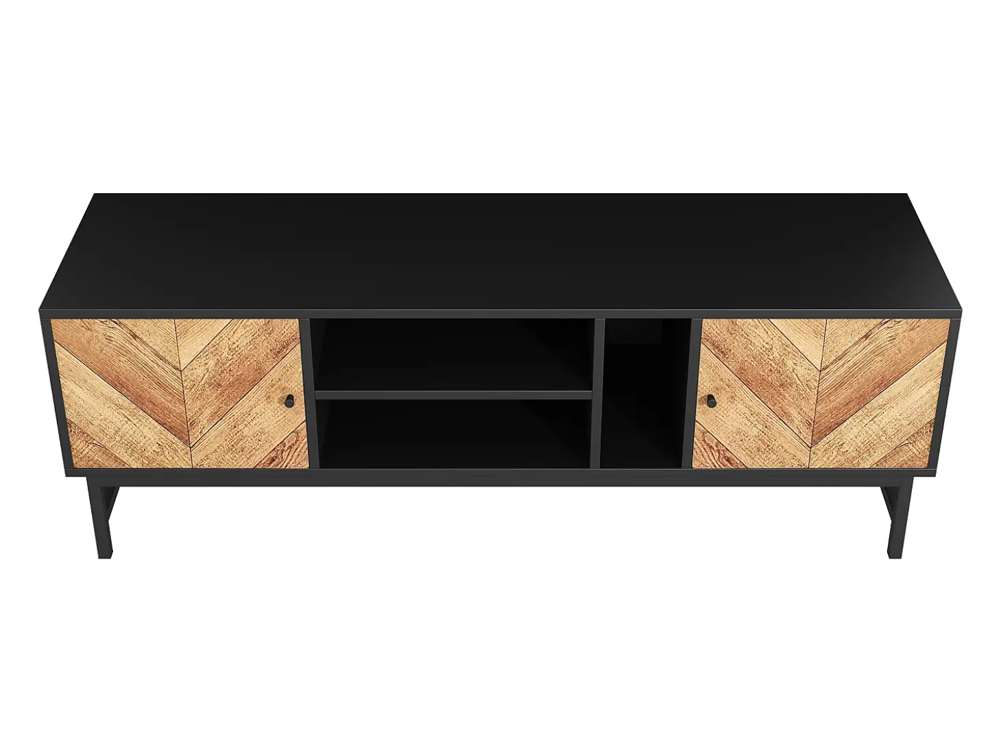 Móvel de TV preto e natural com 2 portas, pés em metal, portas com efeito de madeira, 150 x 38 x 55 cm