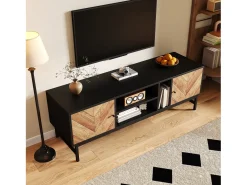 Móvel de TV preto e natural com 2 portas, pés em metal, portas com efeito de madeira, 150 x 38 x 55 cm