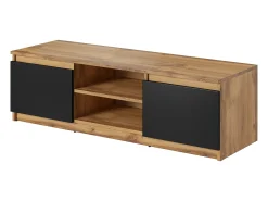 Móvel de TV simples 120 cm com LED, para televisor, 2 armários e prateleiras, corpo carvalho wotan, frentes preto fosco