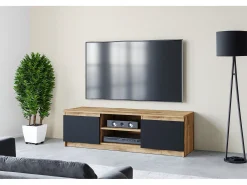 Móvel de TV simples 120 cm com LED, para televisor, 2 armários e prateleiras, corpo carvalho wotan, frentes preto fosco