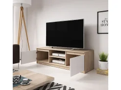 Móvel de TV simples 120 cm com LED, para televisor, 2 armários e prateleiras, corpo carvalho sonoma, frentes branco fosco