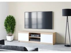 Móvel de TV simples 120 cm com LED, para televisor, 2 armários e prateleiras, corpo carvalho sonoma, frentes branco fosco
