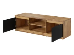 Móvel de TV simples 120 cm, para televisor, 2 armários e prateleiras, estrutura carvalho wotan, frentes preto mate