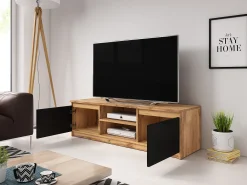 Móvel de TV simples 120 cm, para televisor, 2 armários e prateleiras, estrutura carvalho wotan, frentes preto mate